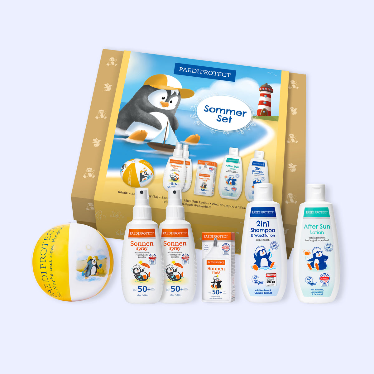 PAEDIPROTECT Sommer Set mit Sonnenspray, Sonnenfluid, After Sun, Shampoo und Wasserball, für Gesicht und Körper.