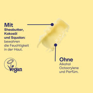 Textur mit Sheabutter, Kakaoöl und Squalan, ohne Alkohol, Octocrylene und Parfüm, vegan.