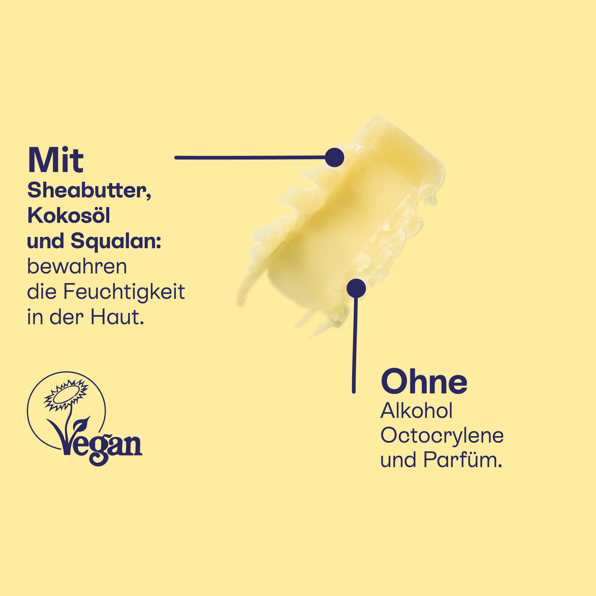 Textur mit Sheabutter, Kakaoöl und Squalan, ohne Alkohol, Octocrylene und Parfüm, vegan.