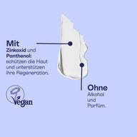 Textur mit Zinkoxid und Panthenol, ohne Alkohol und Parfüm, vegan.