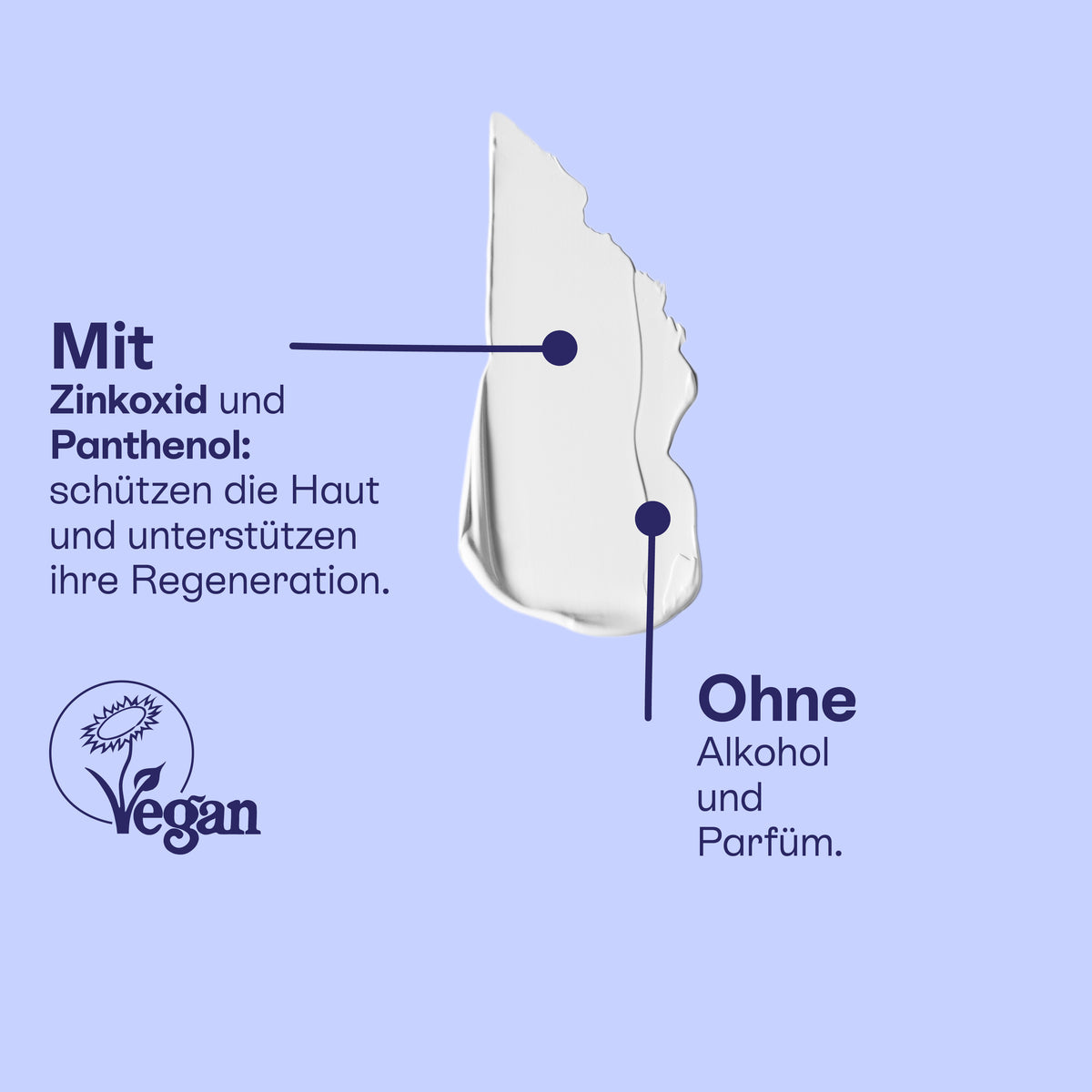 Textur mit Zinkoxid und Panthenol, ohne Alkohol und Parfüm, vegan.