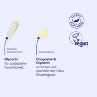 Texturen von Gesichtssonnencreme mit Glycerin und Sonnenspray mit Dragosine und Glycerin, vegan.