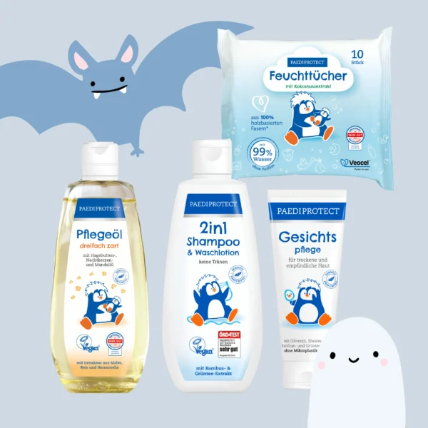 Pflegeöl, 2in1 Shampoo & Waschlotion, Gesichtspflege, Feuchttücher 1x10