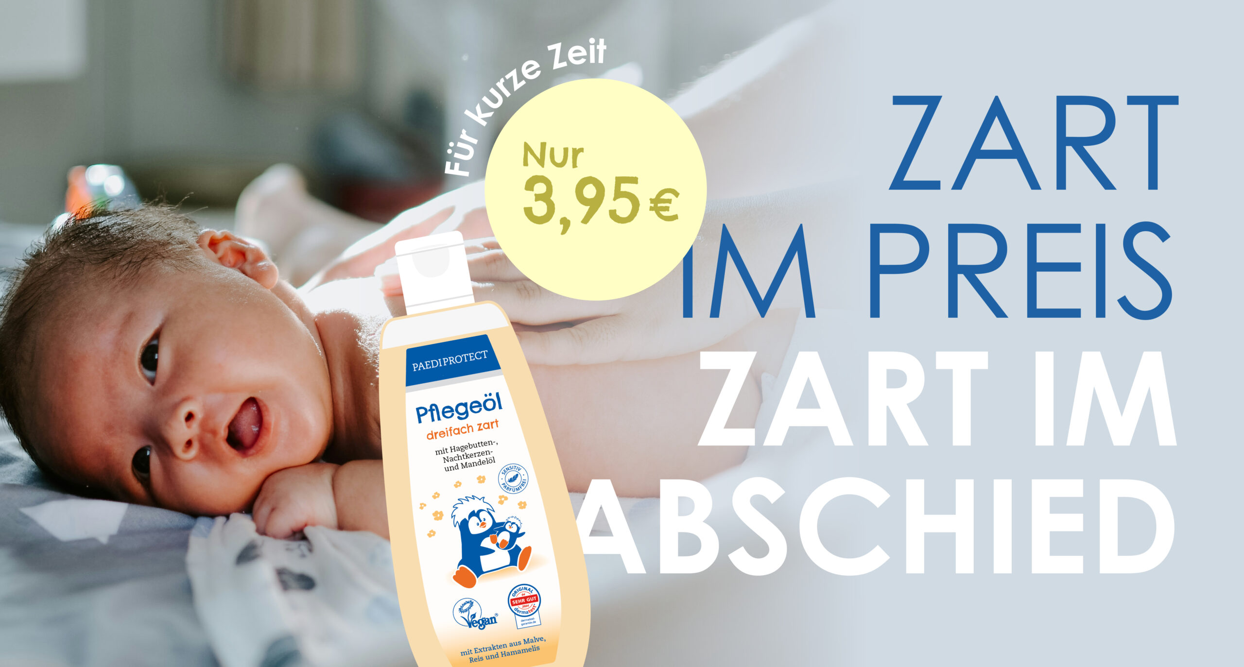 Pflegeöl - zart im Preis, zart im Abschied a baby's hand with a bottle of lotion
