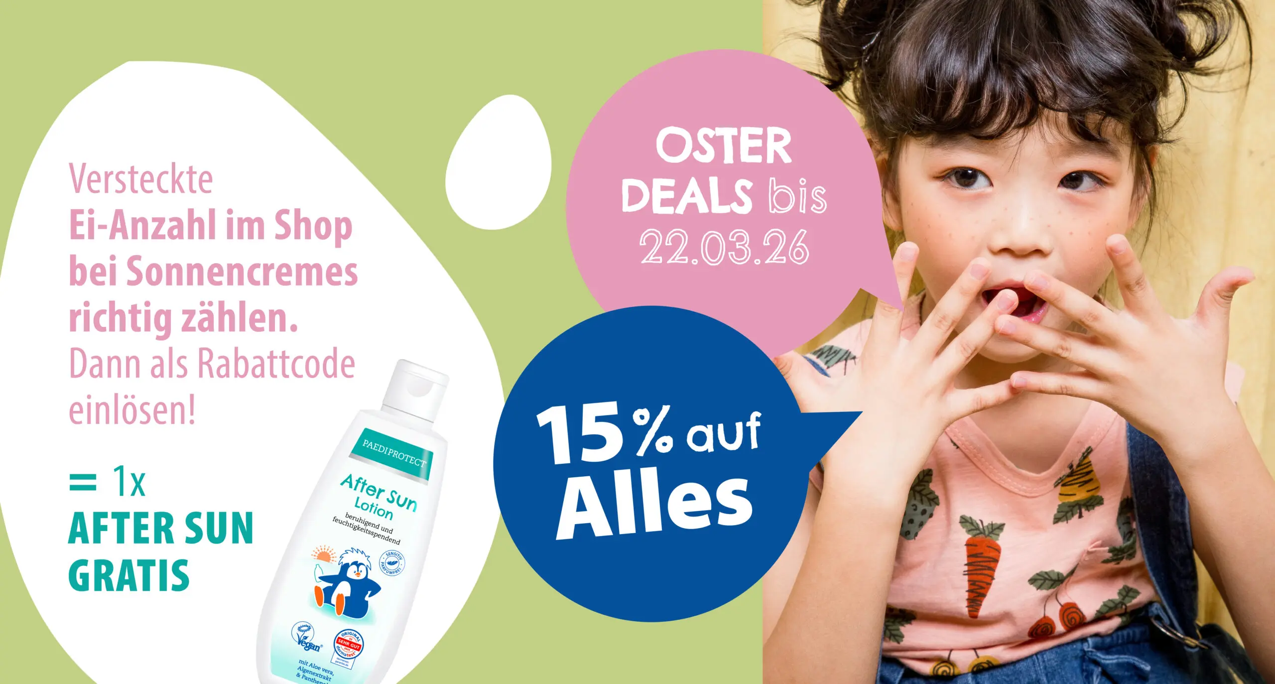 2604_Ostern_Rabattaktion_Visuals_Banner PAEDIPROTECT Sonnencreme & Hautpflege Oster-Aktion -15 % Rabatt auf alle Produkte