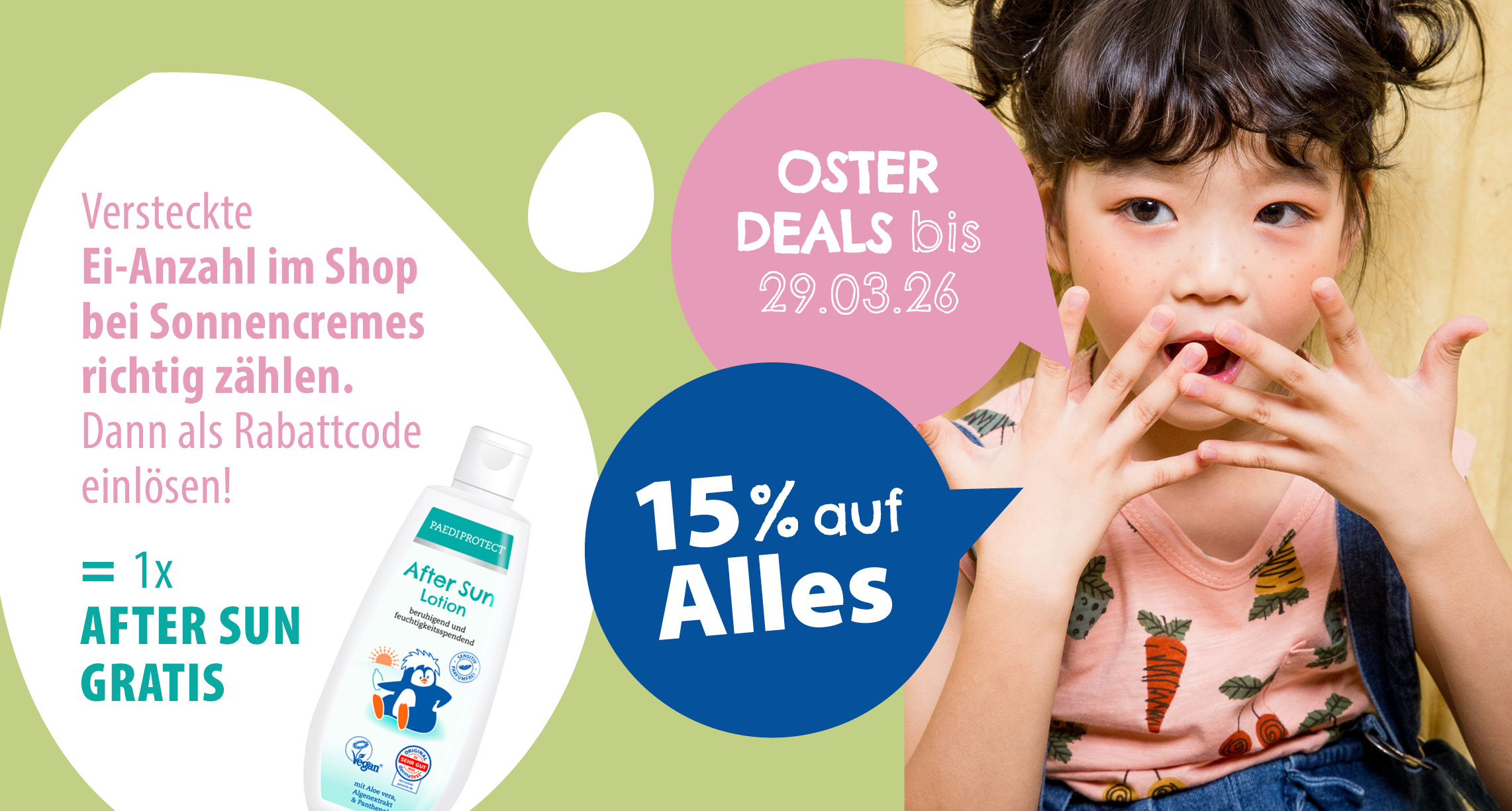 2604_Ostern_Rabattaktion_Visuals_Banner2 Paedi Protect Oster Deals Sonnencreme Rabatt 15% After Sun gratis Kinder Sonnencreme Aktion 2026
