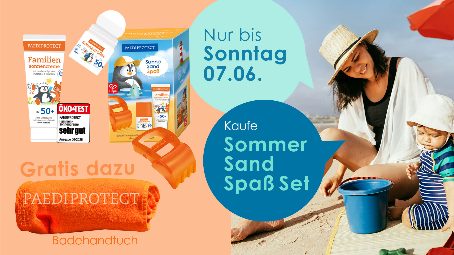 PAEDIPROTECT Aktion Gratis Badetuch PAEDIPROTECT Aktion Gratis Badetuch zum Sonne Sand Spaß Set