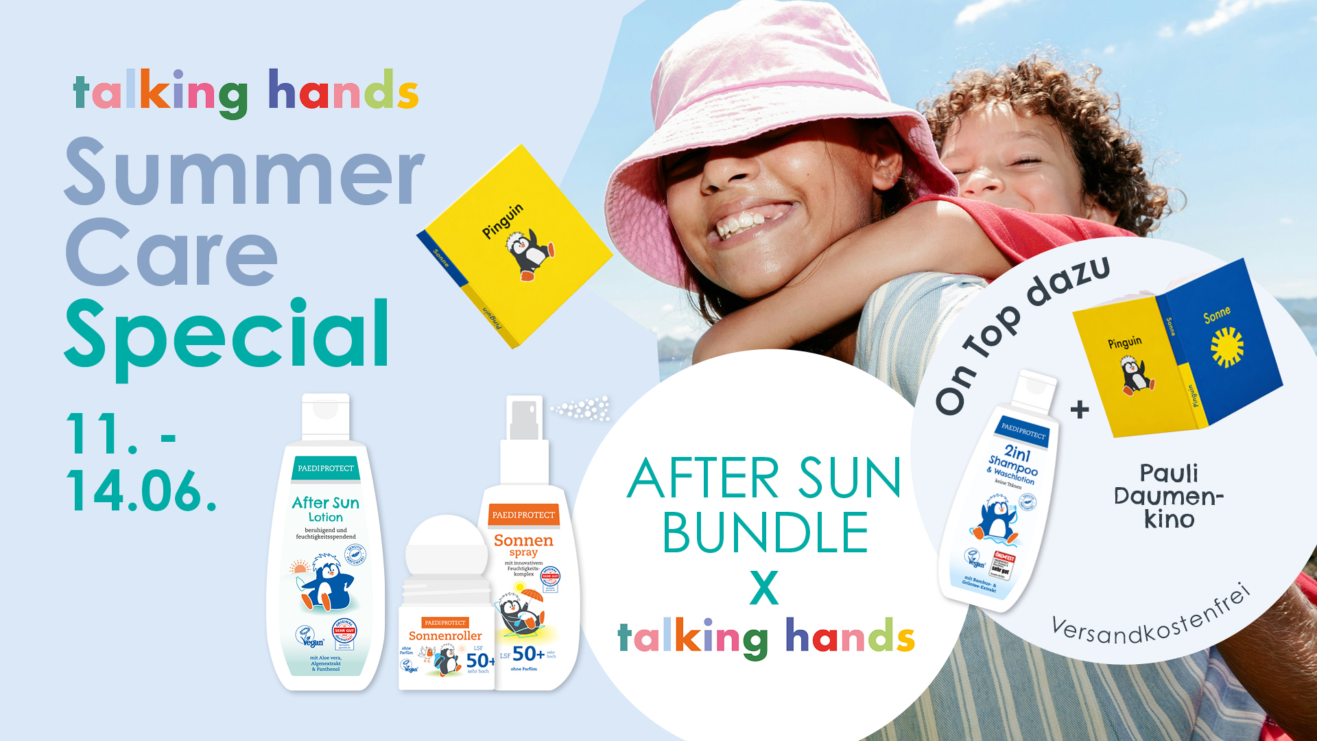 PAEDIPROTECT After Sund Bundle versandkostenfrei PAEDIPROTECT After Sun Bundle versandkostenfrei plus 2in1 Shampoo & Waschlotion & Talking Hands Daumenkino.