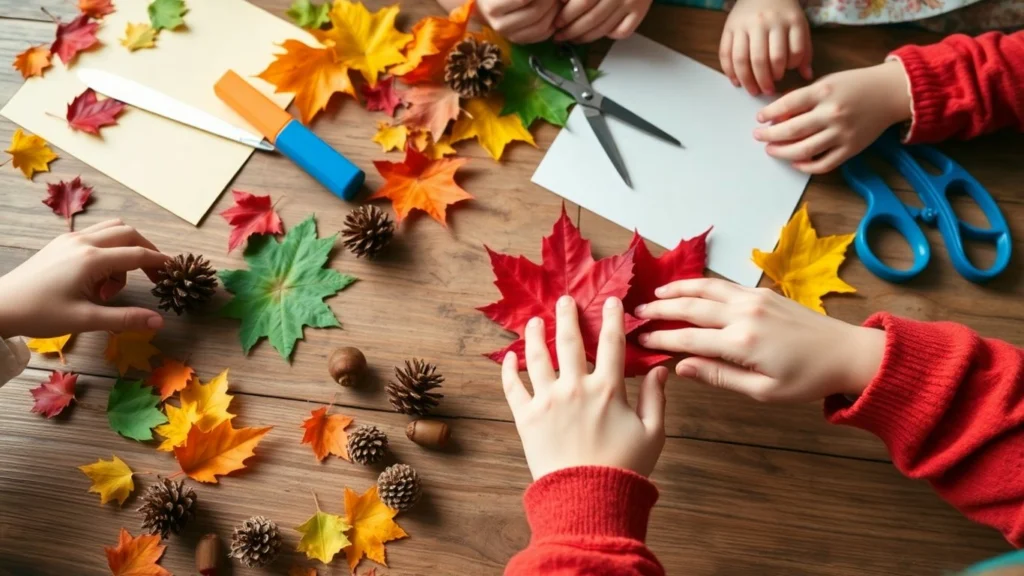 Kinder basteln im Herbst mit bunten Naturmaterialien.