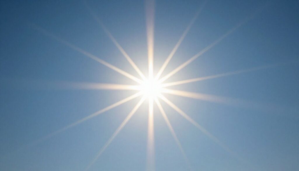 Sunbeams shining brightly in a clear blue sky.