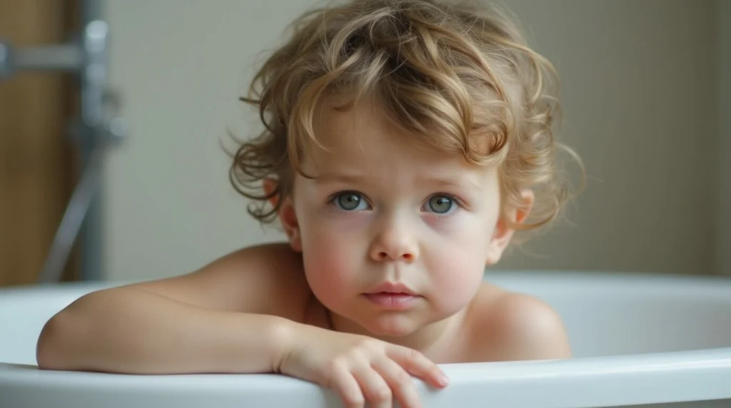 Kind mit juckender Kopfhaut, das Shampoo benutzt