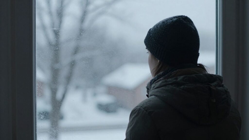 Frau blickt nachdenklich aus dem Fenster.