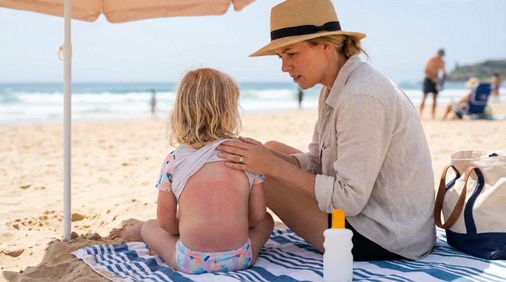 Sonnencreme Flaschen LSF 30 und LSF 50 am Strand.