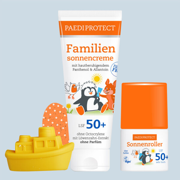 PAEDIPROTECT Bundle Familiensonnencreme & Sonnenroller LSF 50+ mit Sandförmchen