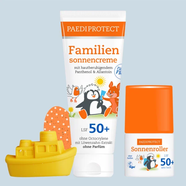 PAEDIPROTECT Bundle Familiensonnencreme & Sonnenroller LSF 50+ mit Sandförmchen