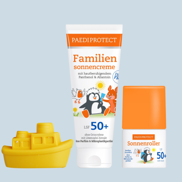 Gelbes Sandförmchen PAEDIPROTECT Familiensonnencreme LSF 50+ PAEDIPROTECT Sonnenroller LSF 50+