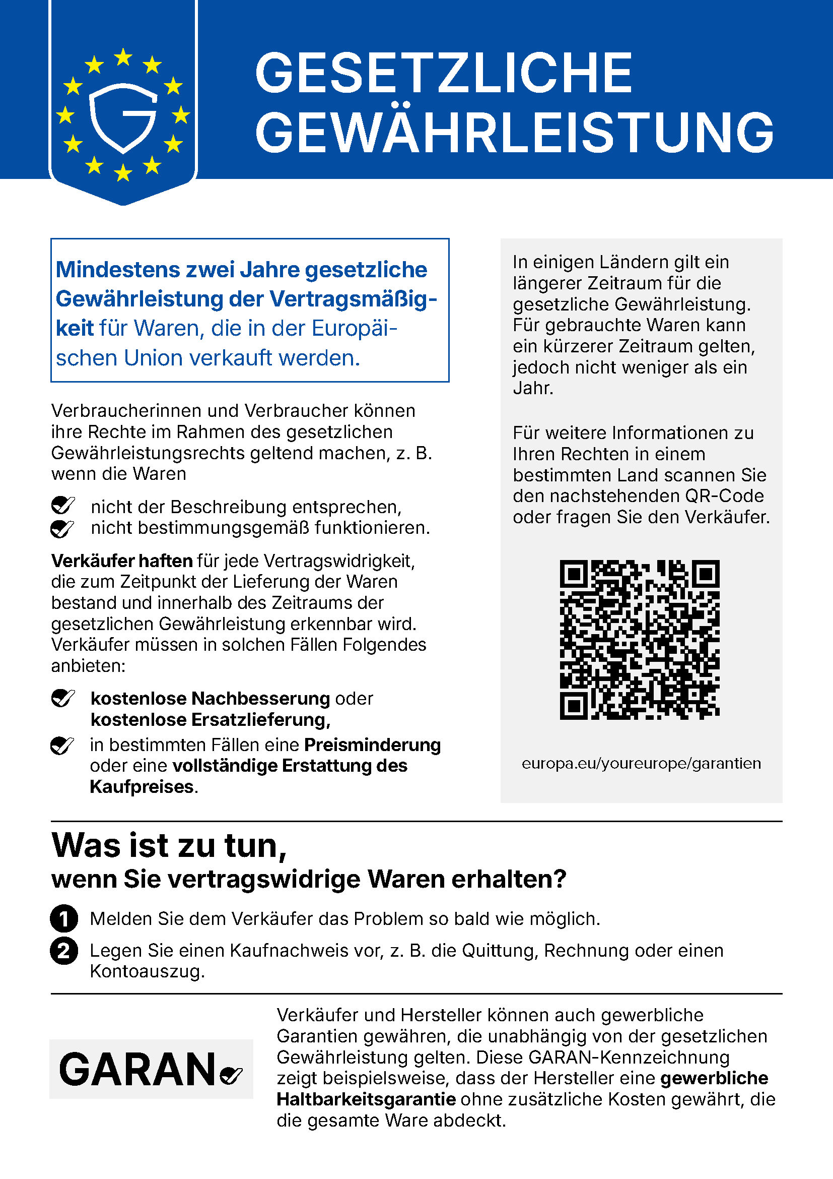 Hinweis zur gesetzlichen Gewährleistung in der EU
