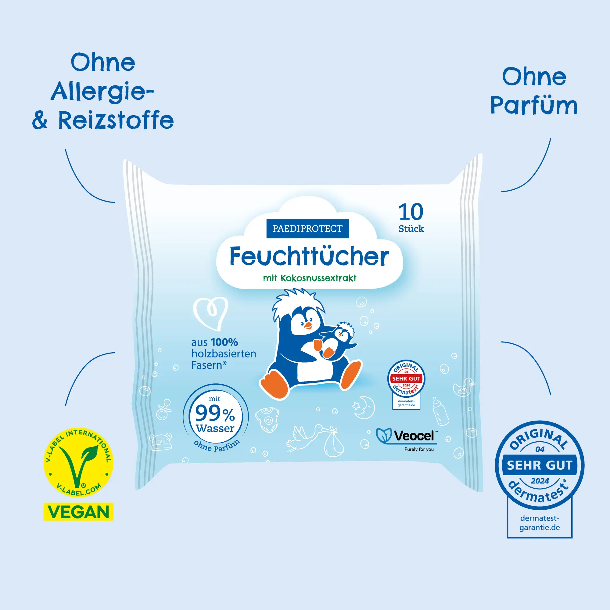 Feuchttücher Baby sensitiv – 99% Wasser & ohne Parfüm 3 Baby Feuchhtücher ohne Parfüm & Reizstoffe