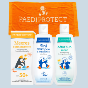 die vier Produkte, aus denen das Summer Day Bundle besteht: Meeressonnencreme, 2in1 Shampoo & Waschlotion, die After Sun Lotion und das Pauli-Badetuch