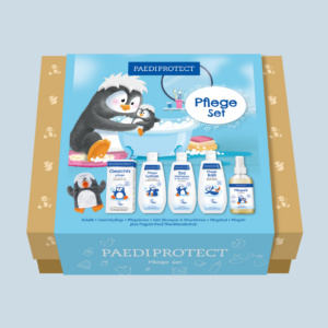 unsere fünf Best-selling Pflegeprodukte in einem niedlichen Geschenkset mit einem Pinguin-Waschhandschuh dazu