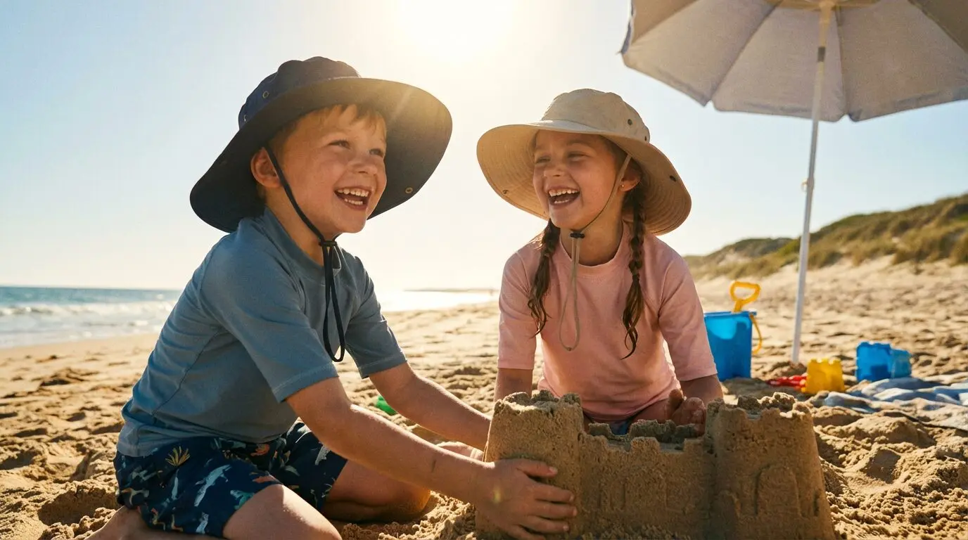 Kinder sonnengeschützt am Strand