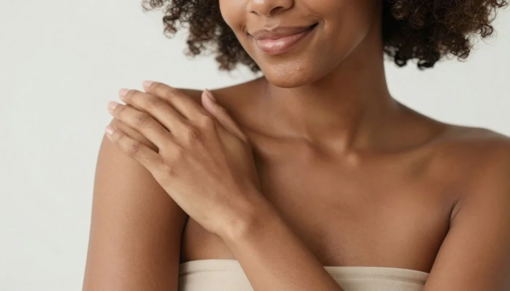 Satisfied woman admiring her well-cared-for arms.