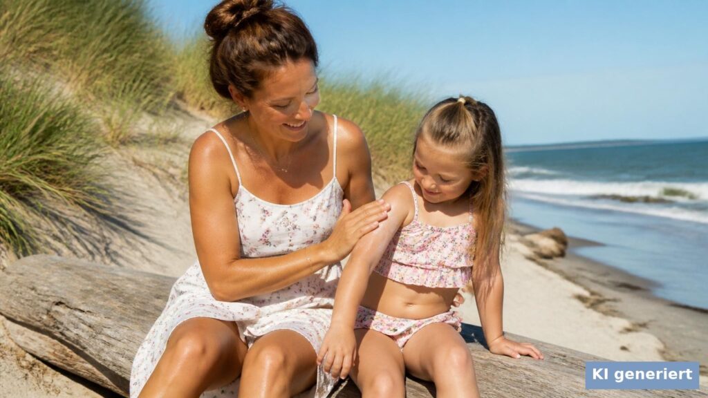Mutter cremt Kind am Strand ein – vegane Sonnencreme (KI generiert)